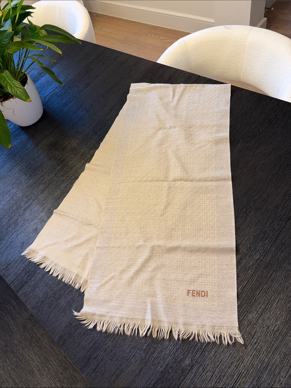 Authentic Fendi Light Beige/grey Monogram Fringe Scarf (approx. 164cm x 38cm)